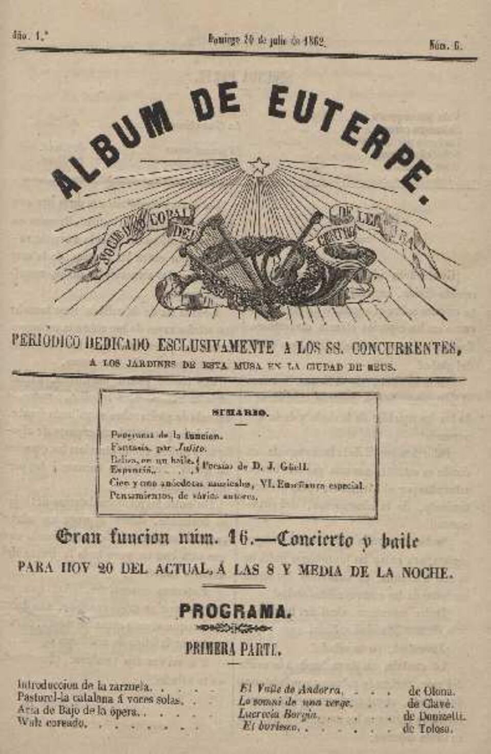 Álbum de Euterpe, núm. 6, 20/7/1862 [Exemplar]