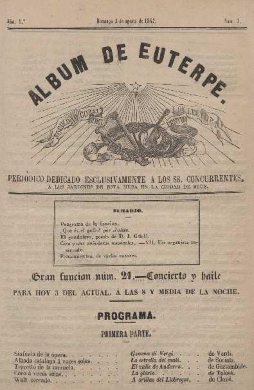 Álbum de Euterpe, núm. 7, 3/8/1862 [Exemplar]