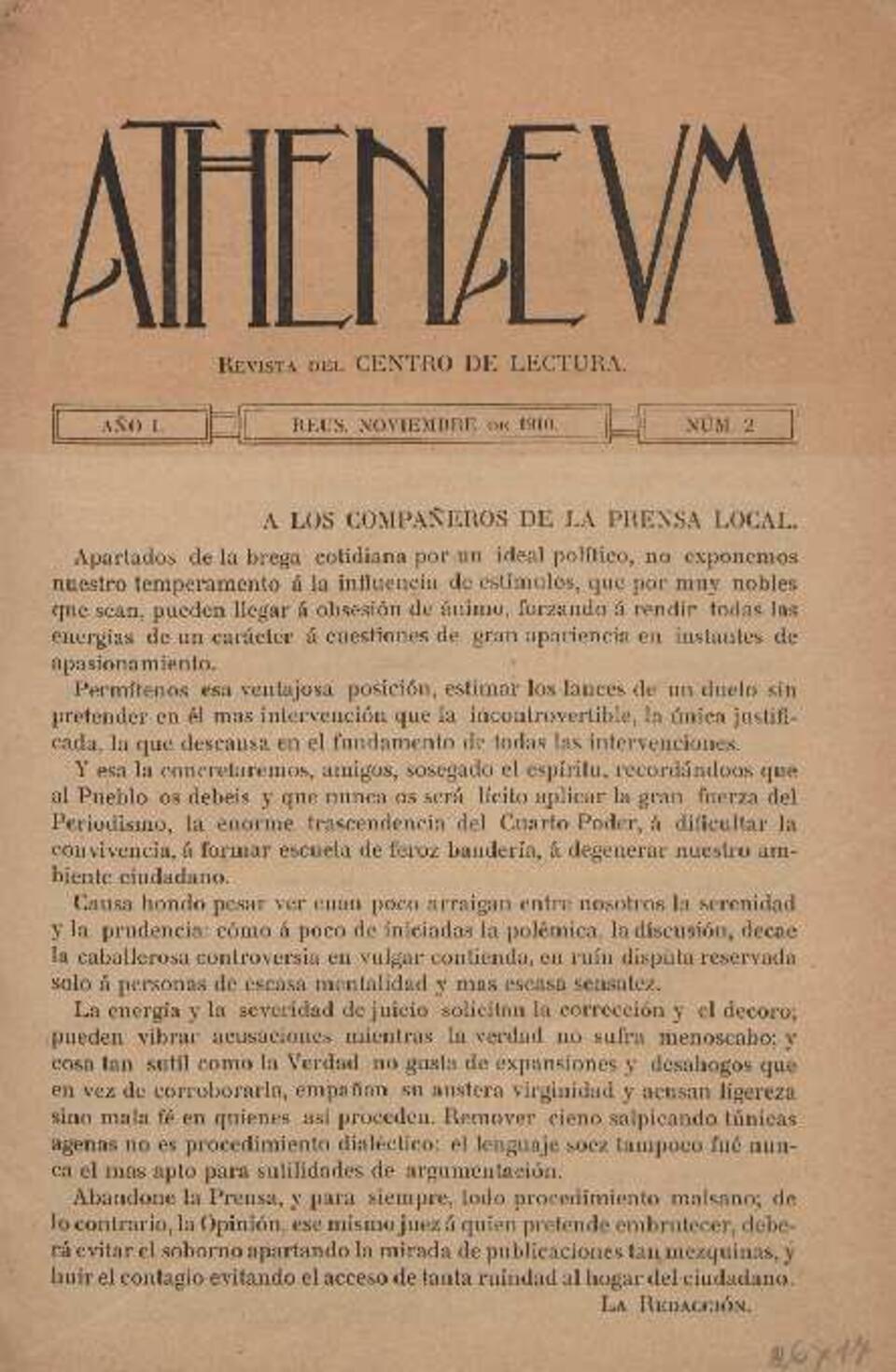 Athenaeum, núm. 2, 11/1910 [Exemplar]