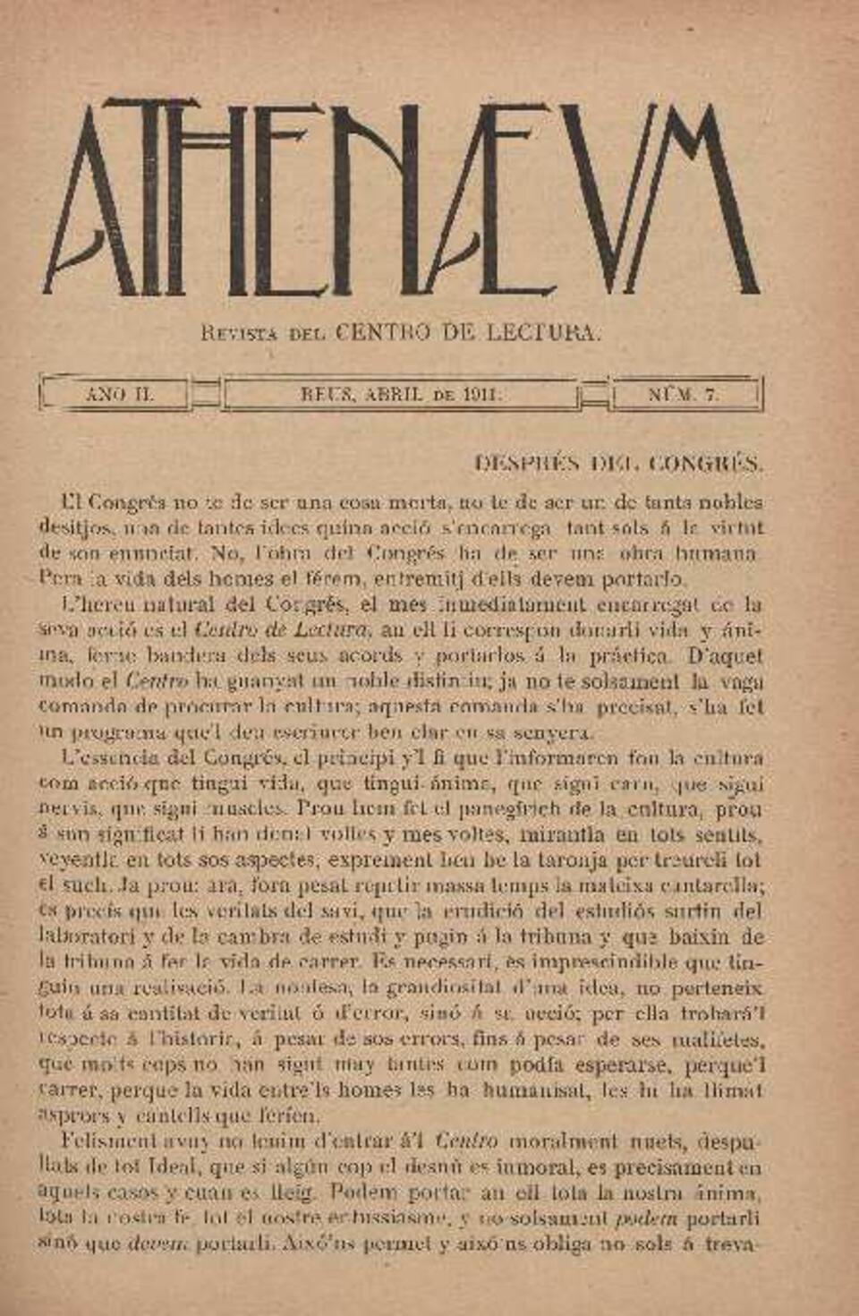 Athenaeum, núm. 7, 4/1911 [Exemplar]