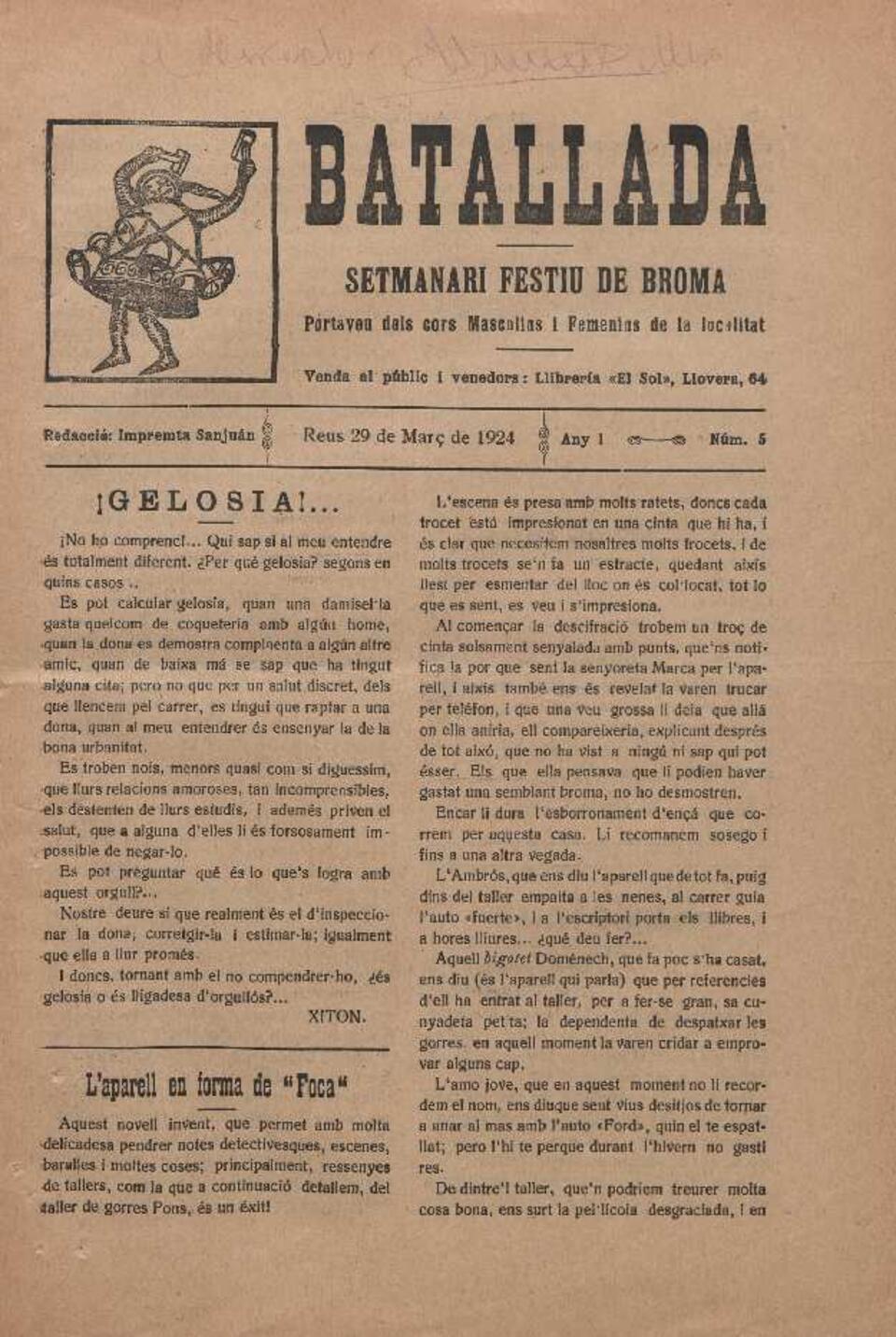 Batallada, n.&ordm; 5, 29/3/1924 [Ejemplar]