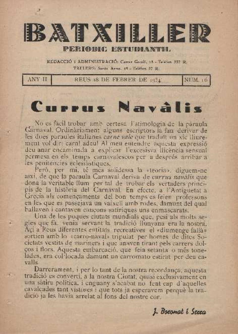 Batxiller, núm. 16, 18/2/1934 [Exemplar]