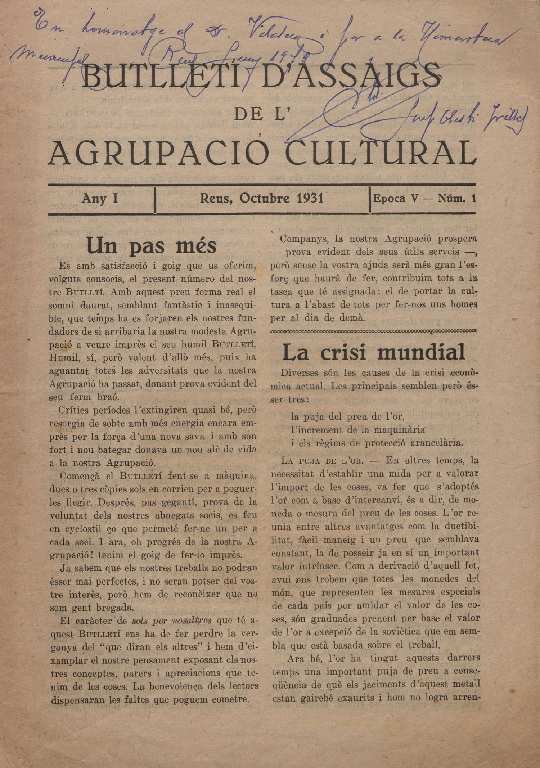 Butllet&iacute; d'Assaigs de l'Agrupaci&oacute; Cultural, n&uacute;m. 1, 10/1931 [Exemplar]