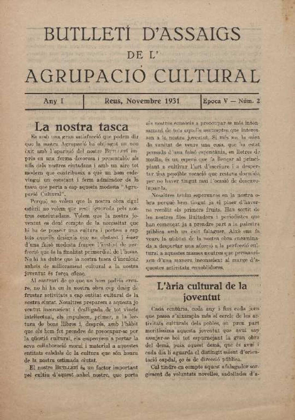Butllet&iacute; d'Assaigs de l'Agrupaci&oacute; Cultural, n&uacute;m. 2, 11/1931 [Exemplar]
