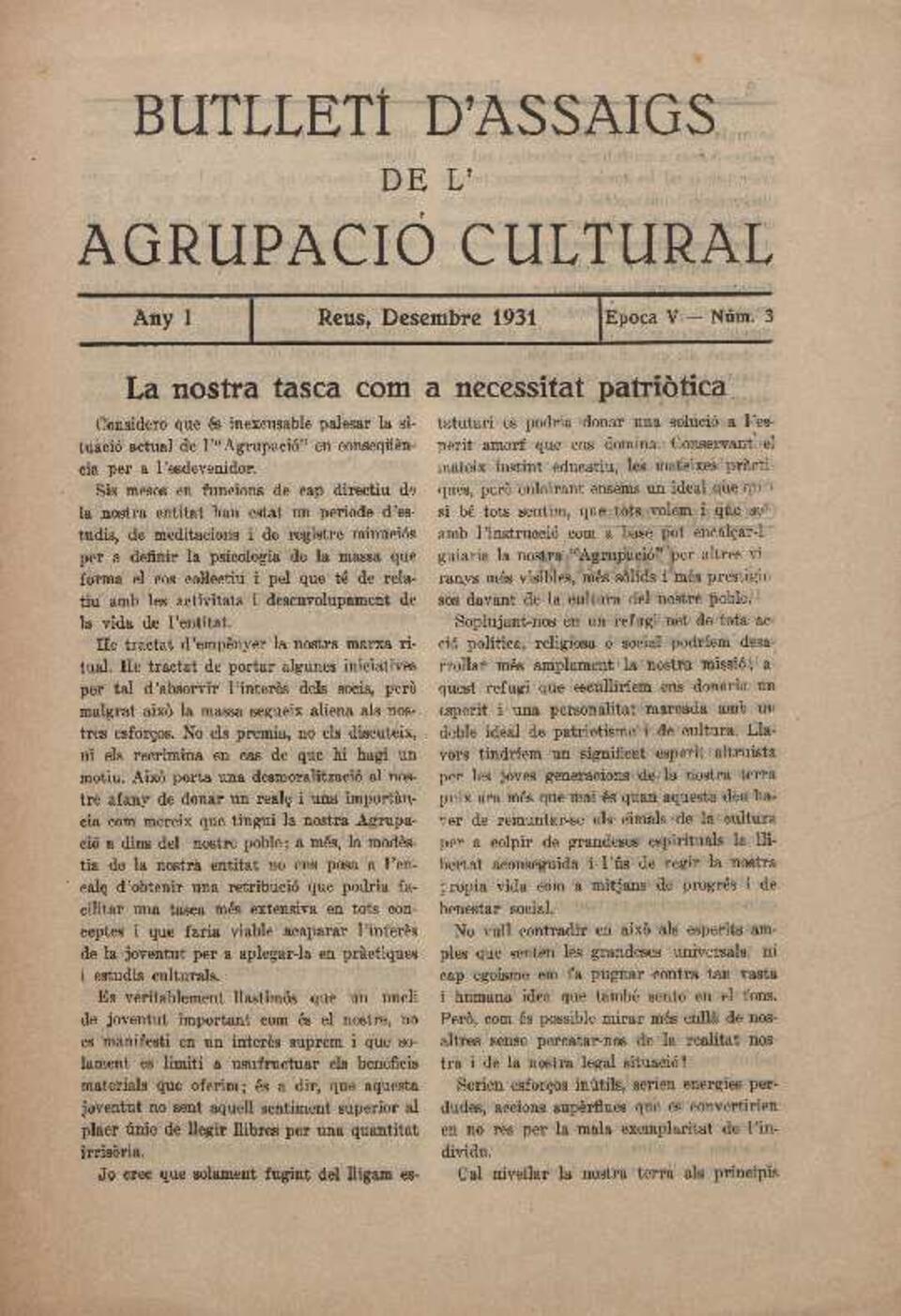 Butllet&iacute; d'Assaigs de l'Agrupaci&oacute; Cultural, n&uacute;m. 3, 12/1931 [Exemplar]