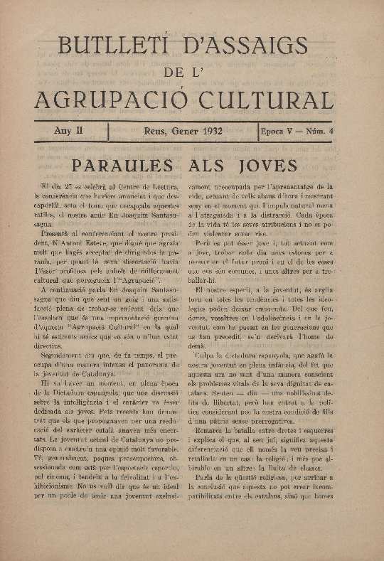 Butllet&iacute; d'Assaigs de l'Agrupaci&oacute; Cultural, n&uacute;m. 4, 1/1932 [Exemplar]