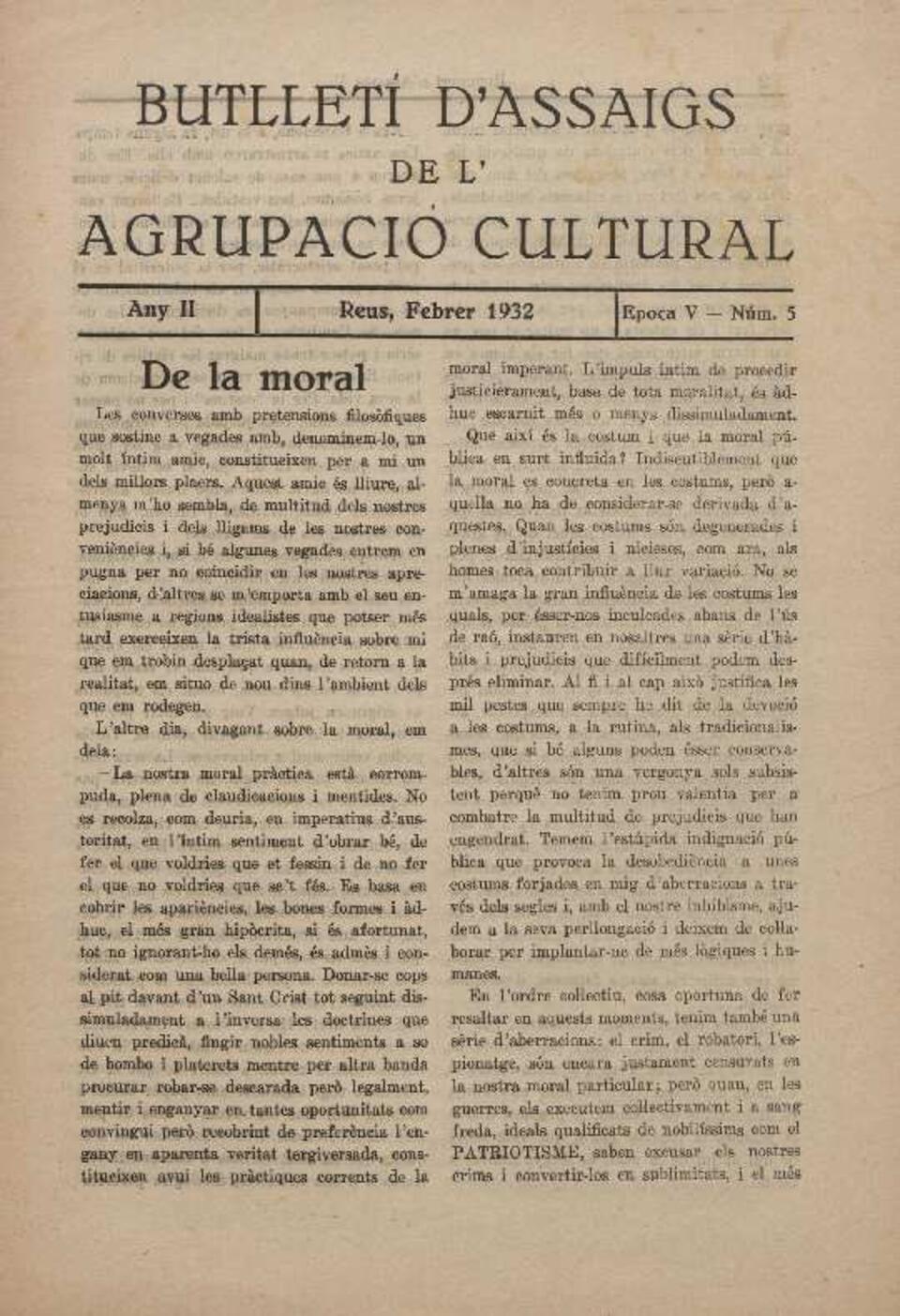 Butllet&iacute; d'Assaigs de l'Agrupaci&oacute; Cultural, n&uacute;m. 5, 2/1932 [Exemplar]