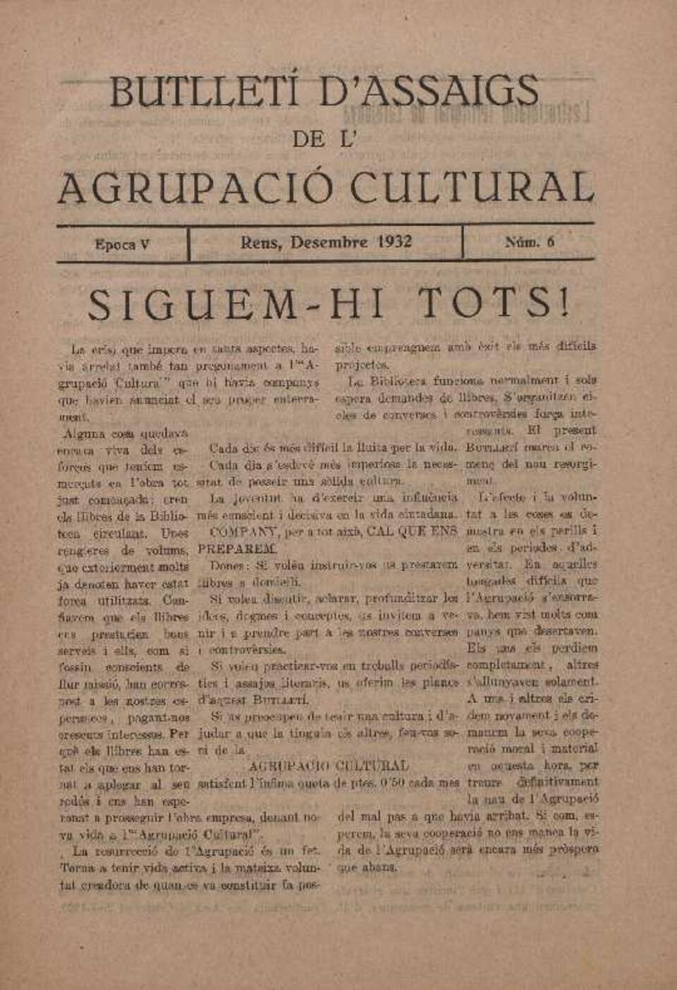 Butllet&iacute; d'Assaigs de l'Agrupaci&oacute; Cultural, n&uacute;m. 6, 12/1932 [Exemplar]