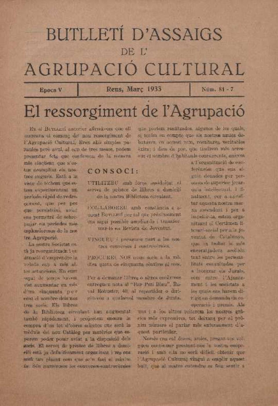 Butllet&iacute; d'Assaigs de l'Agrupaci&oacute; Cultural, n&uacute;m. 81, 3/1933 [Exemplar]