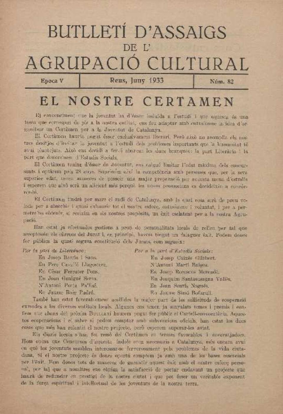 Butllet&iacute; d'Assaigs de l'Agrupaci&oacute; Cultural, n&uacute;m. 82, 6/1933 [Exemplar]