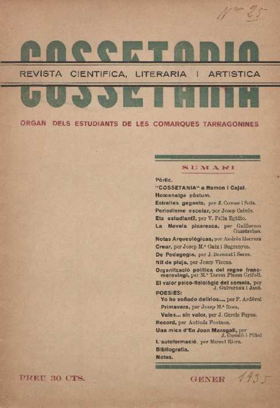 Cosset&agrave;nia, n&uacute;m. 25, 1/1935 [Exemplar]