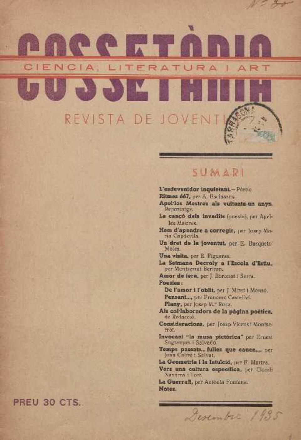 Cosset&agrave;nia, n&uacute;m. 30, 12/1935 [Exemplar]