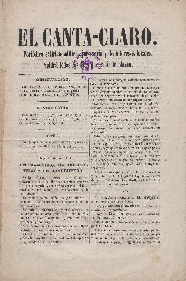 El Canta-Claro, 4/7/1869 [Exemplar]