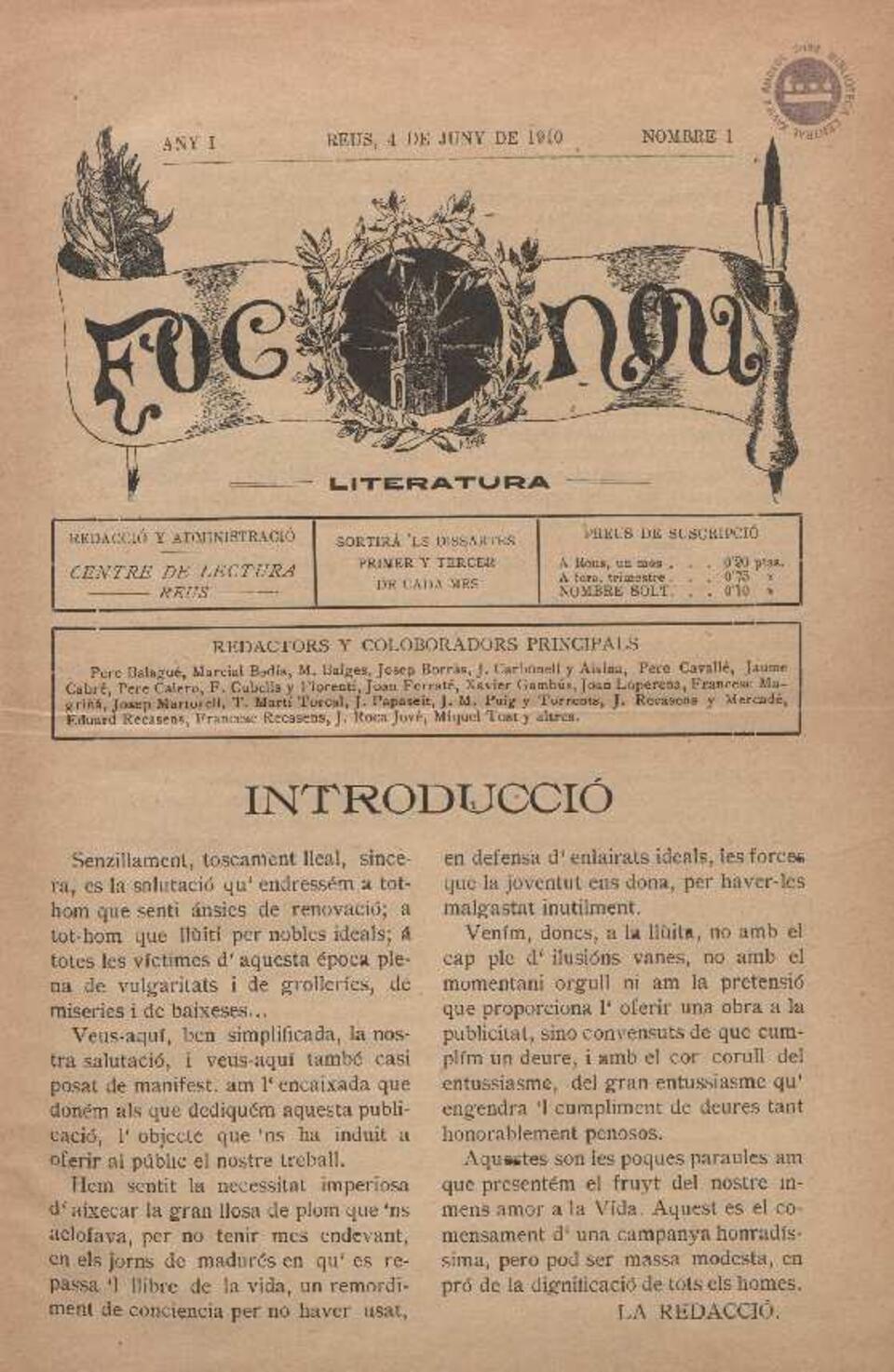 Foc Nou, n&uacute;m. 1, 4/6/1910 [Exemplar]