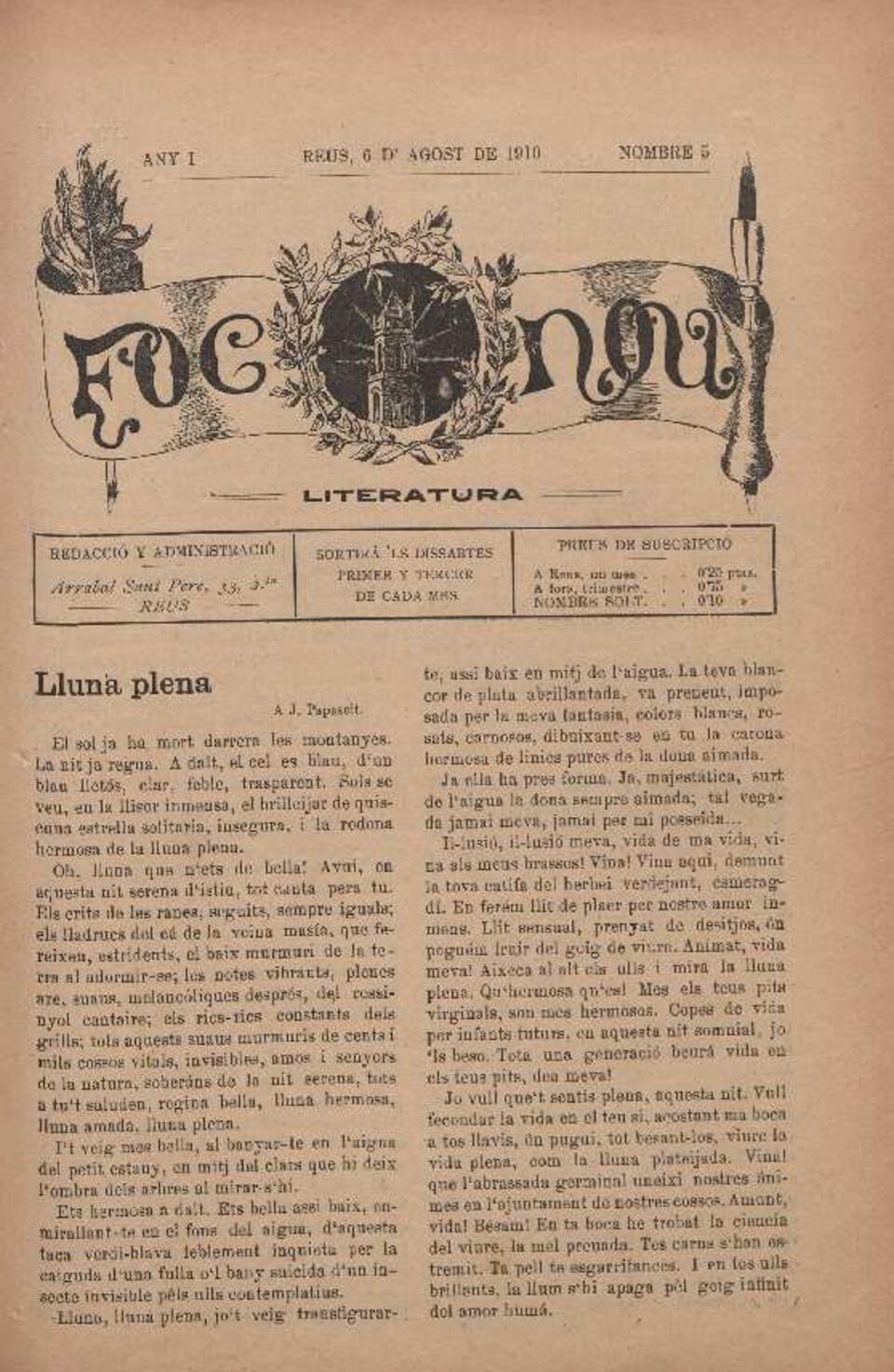 Foc Nou, n&uacute;m. 5, 6/8/1910 [Exemplar]