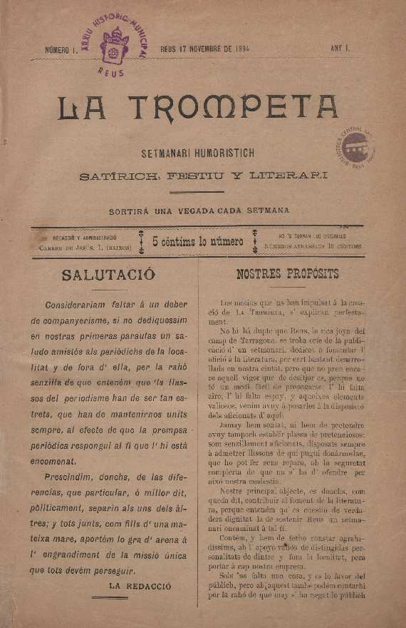 La Trompeta, n&uacute;m. 1, 17/11/1894 [Exemplar]