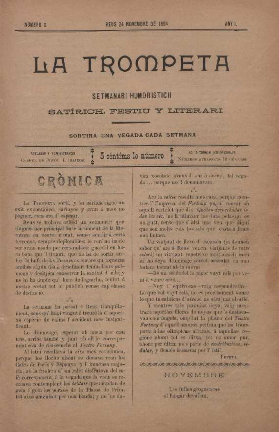 La Trompeta, n&uacute;m. 2, 24/11/1894 [Exemplar]