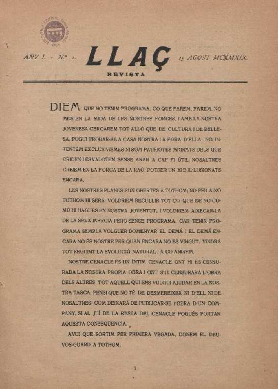 Lla&ccedil;, n&uacute;m. 1, 15/8/1919 [Exemplar]