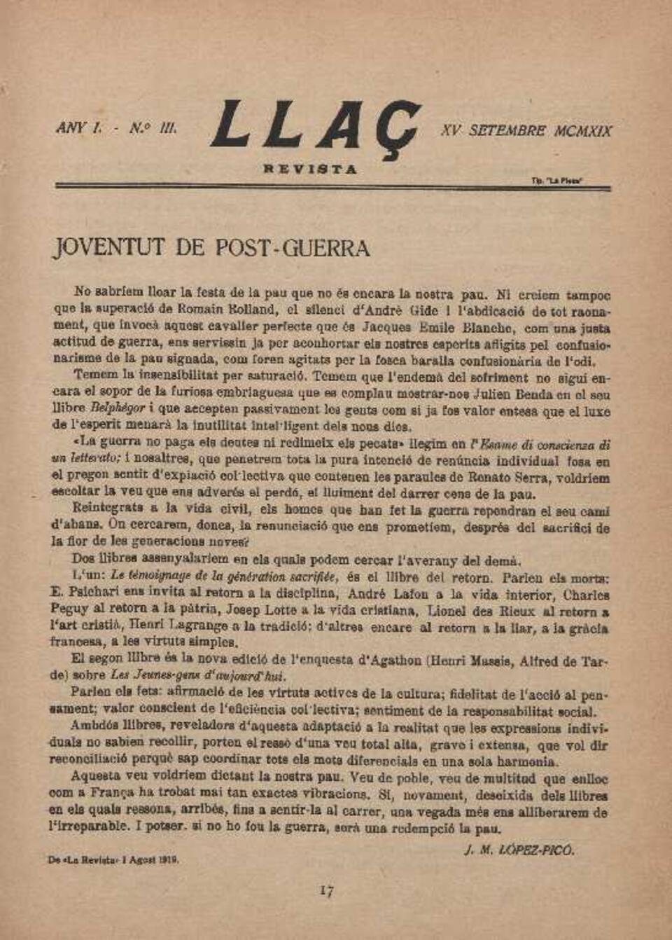 Lla&ccedil;, n&uacute;m. 3, 15/9/1919 [Exemplar]