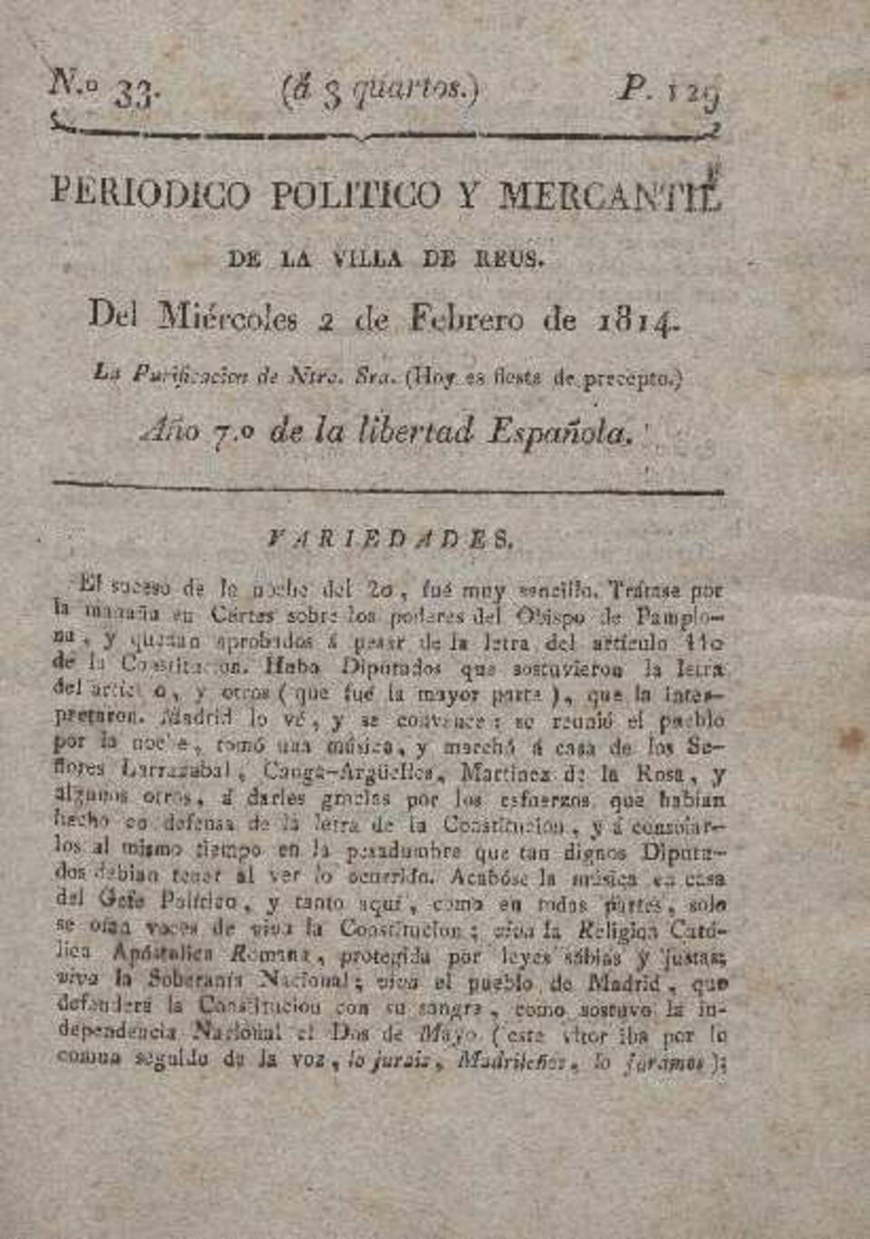 Periódico Político y Mercantil, #33, 2/2/1814 [Issue]