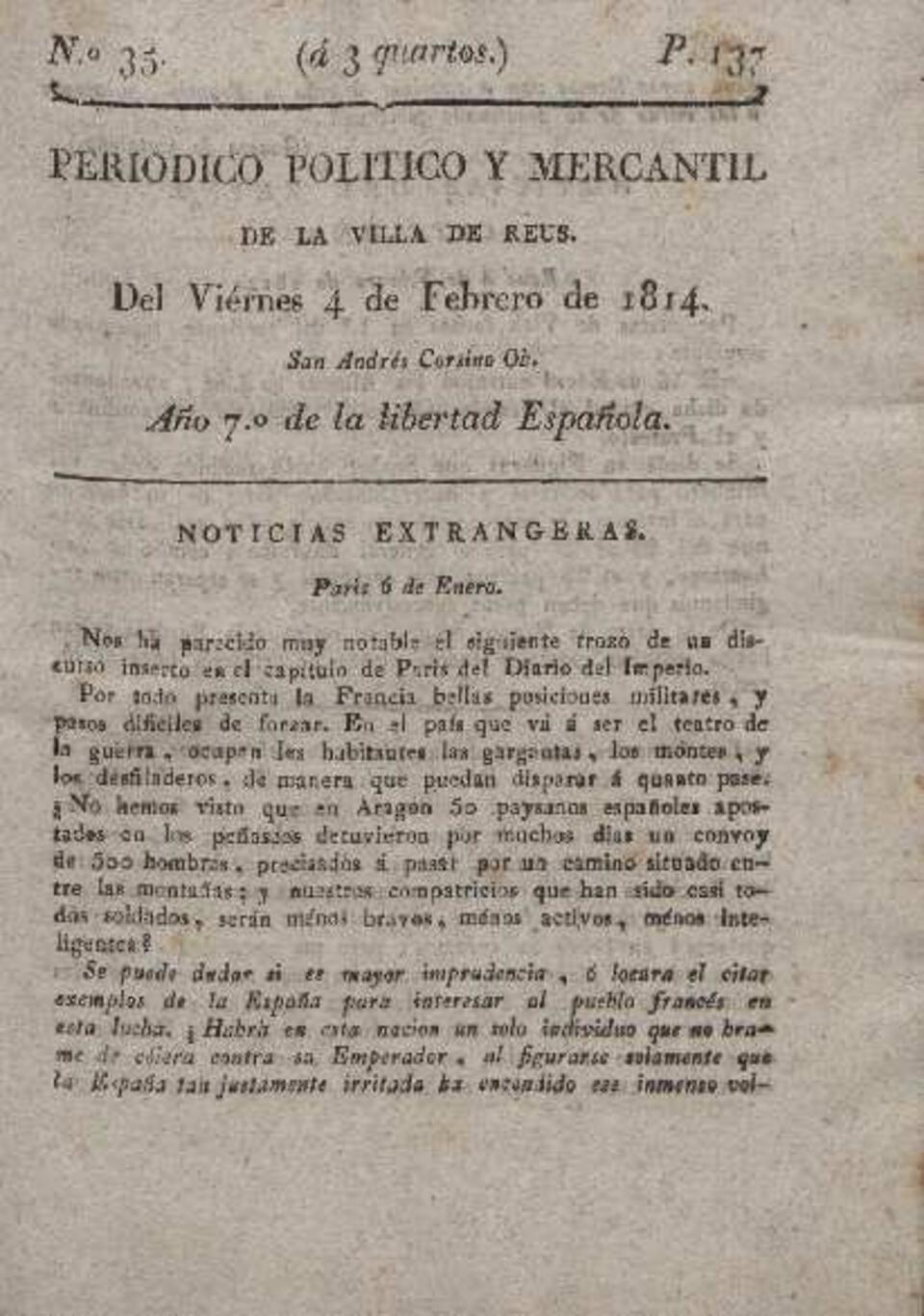 Periódico Político y Mercantil, núm. 35, 4/2/1814 [Exemplar]