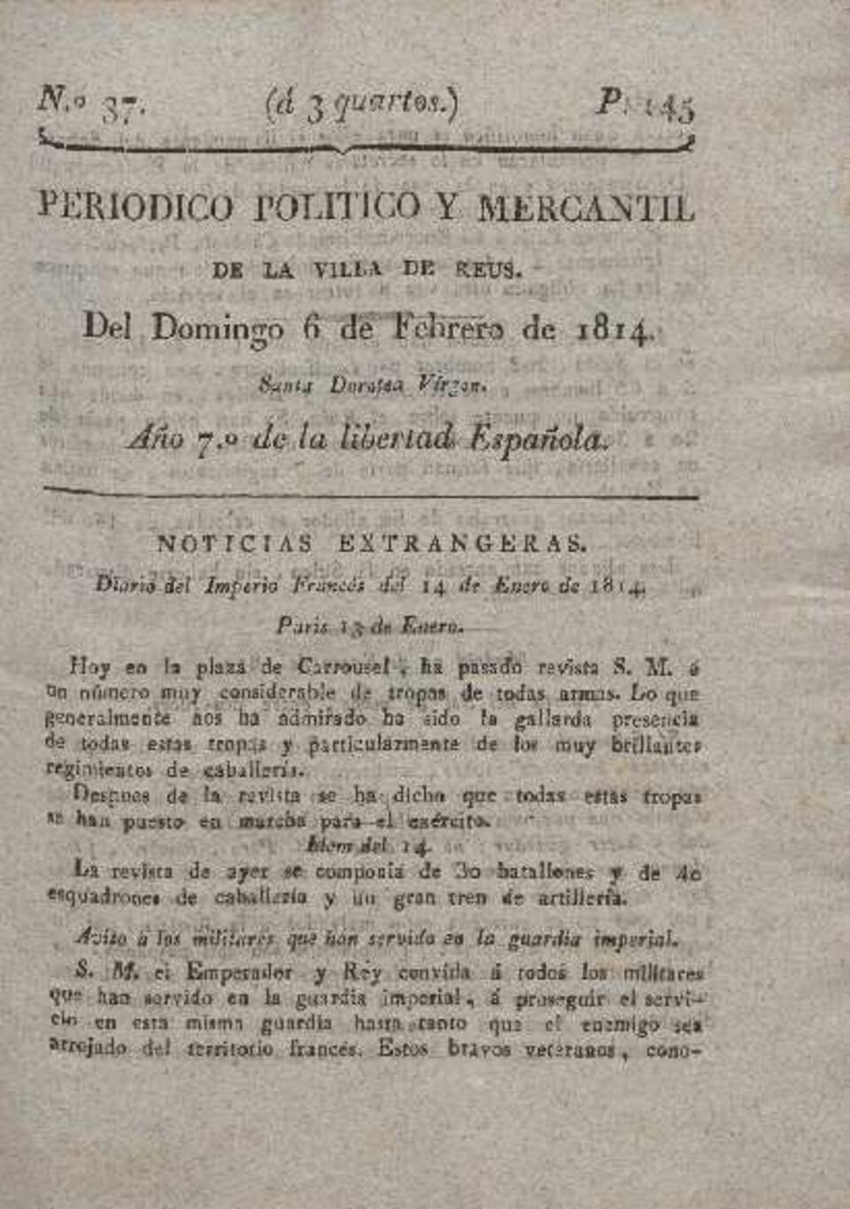 Periódico Político y Mercantil, n.º 37, 6/2/1814 [Ejemplar]