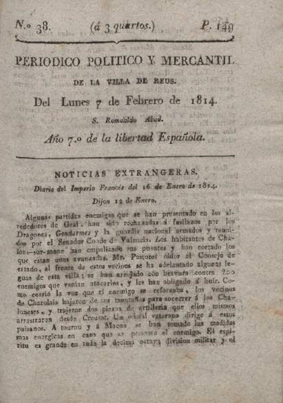 Periódico Político y Mercantil, n.º 38, 7/2/1814 [Ejemplar]