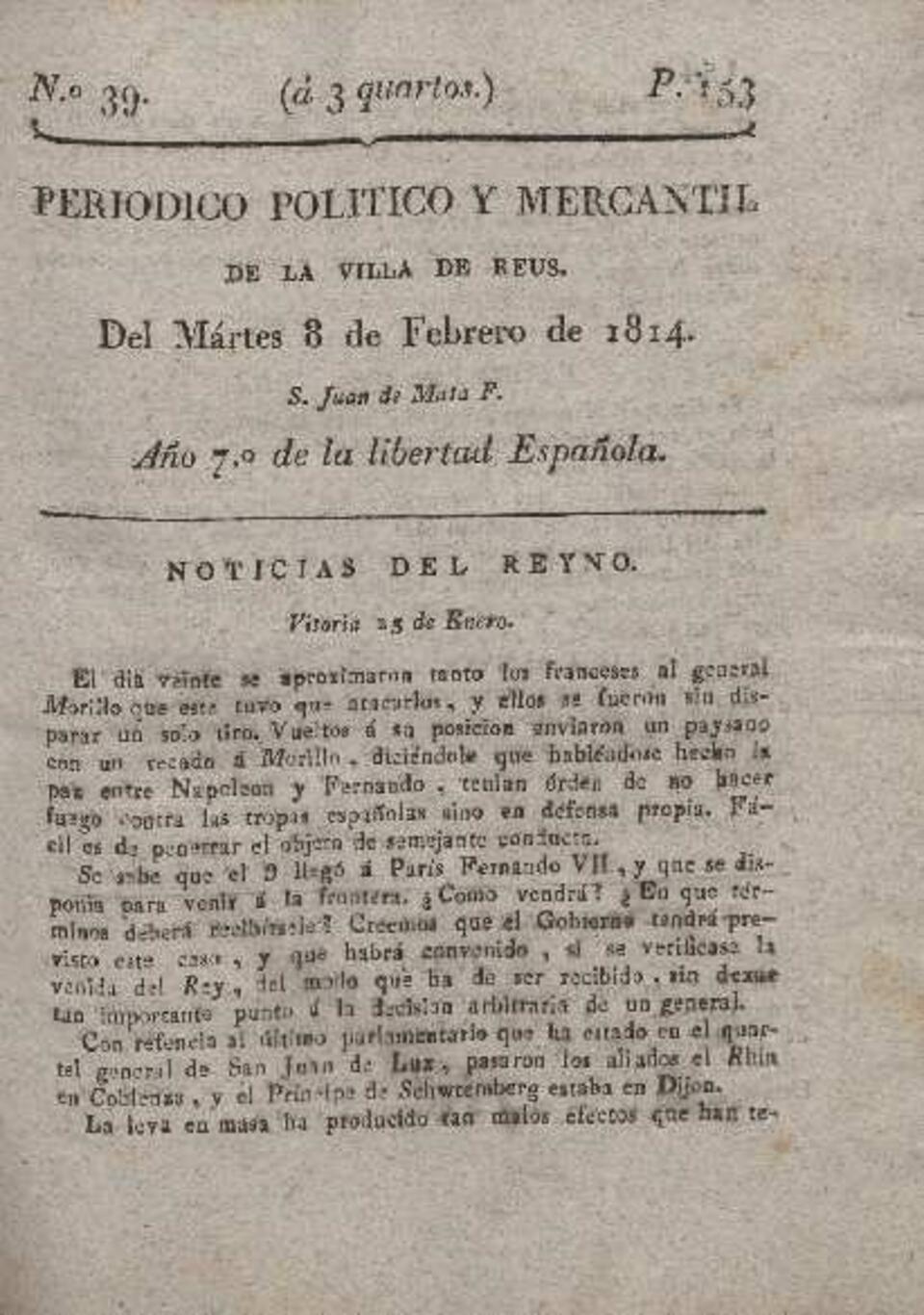 Periódico Político y Mercantil, n.º 39, 8/2/1814 [Ejemplar]