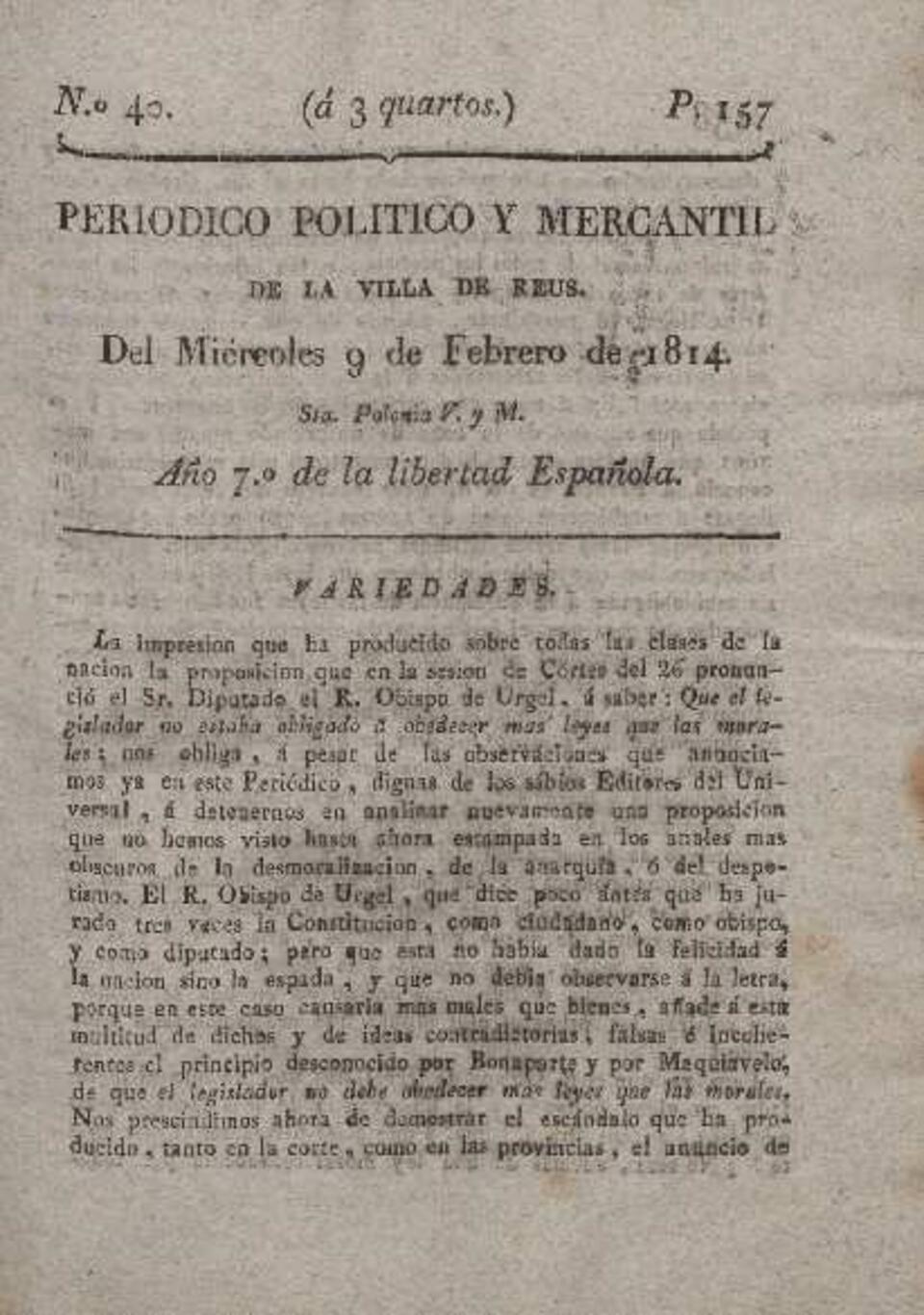 Periódico Político y Mercantil, n.º 40, 9/2/1814 [Ejemplar]