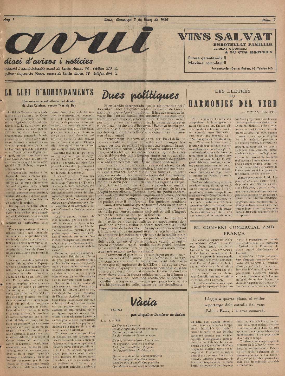 Avui, 3/3/1935 [Exemplar]