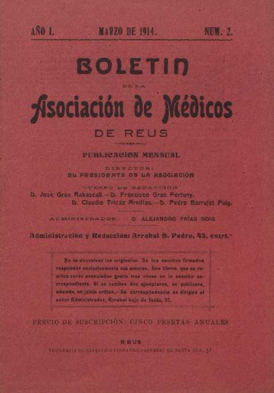 Bolet&iacute;n de la Asociaci&oacute;n de M&eacute;dicos de Reus, 1/3/1914 [Ejemplar]