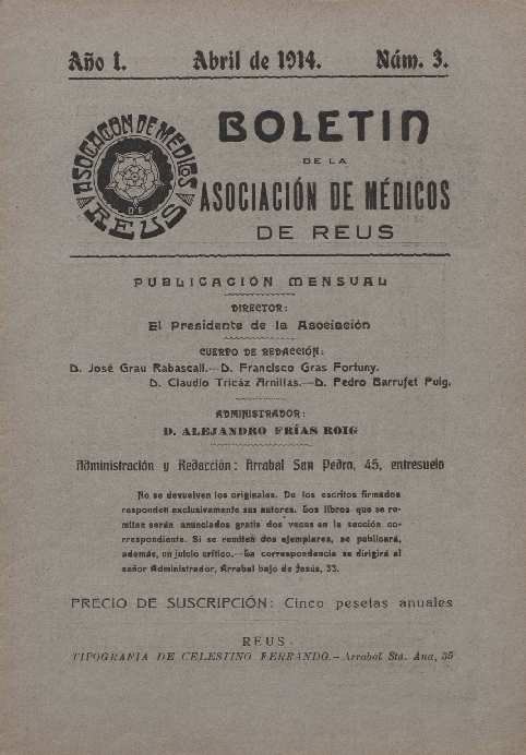 Bolet&iacute;n de la Asociaci&oacute;n de M&eacute;dicos de Reus, 1/4/1914 [Ejemplar]