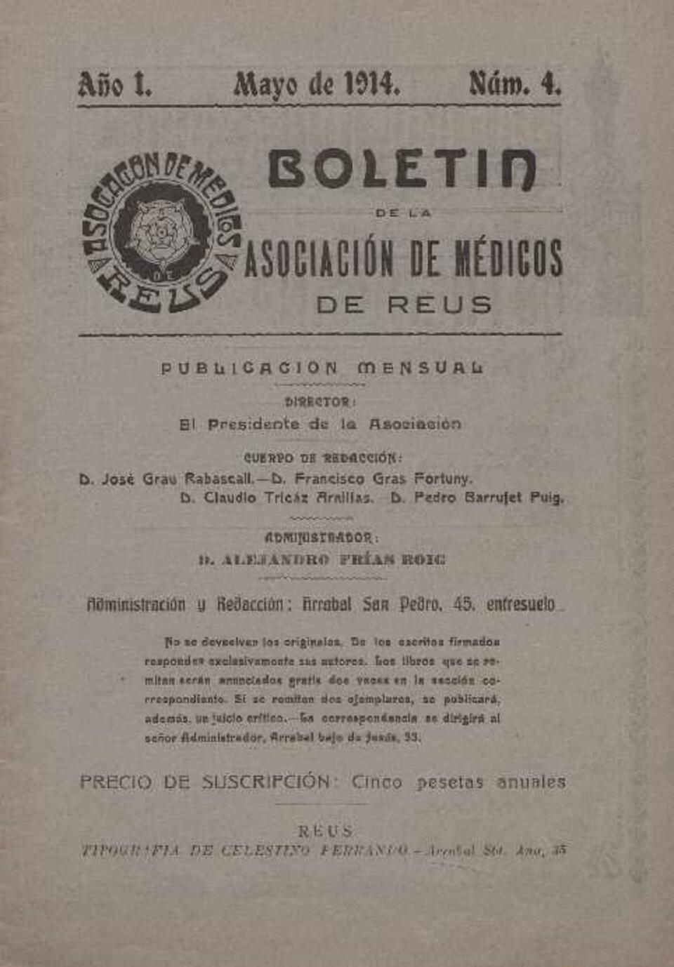 Bolet&iacute;n de la Asociaci&oacute;n de M&eacute;dicos de Reus, 1/5/1914 [Ejemplar]