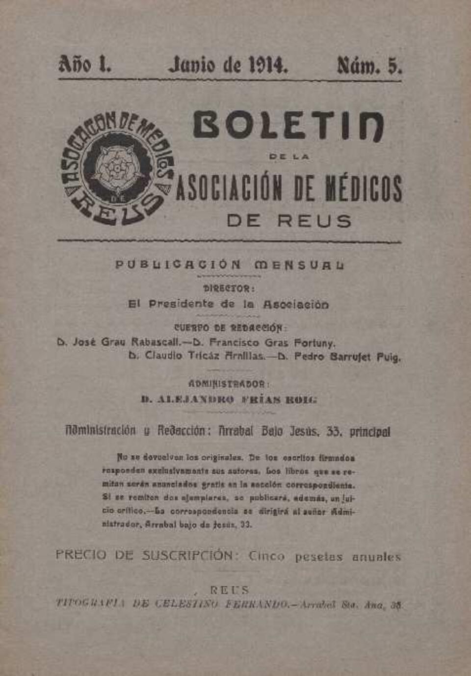 Bolet&iacute;n de la Asociaci&oacute;n de M&eacute;dicos de Reus, 1/6/1914 [Ejemplar]