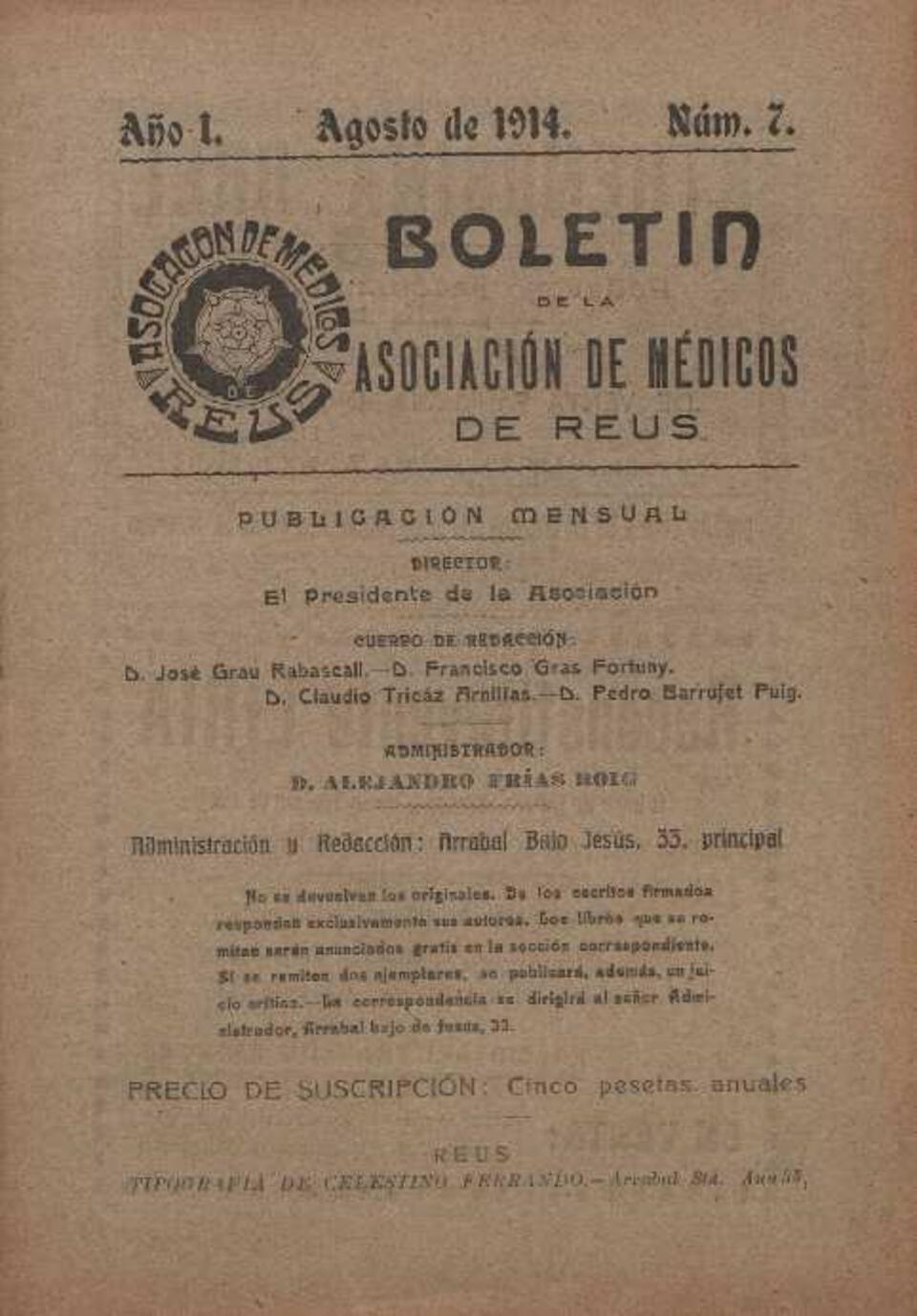 Bolet&iacute;n de la Asociaci&oacute;n de M&eacute;dicos de Reus, 1/8/1914 [Ejemplar]