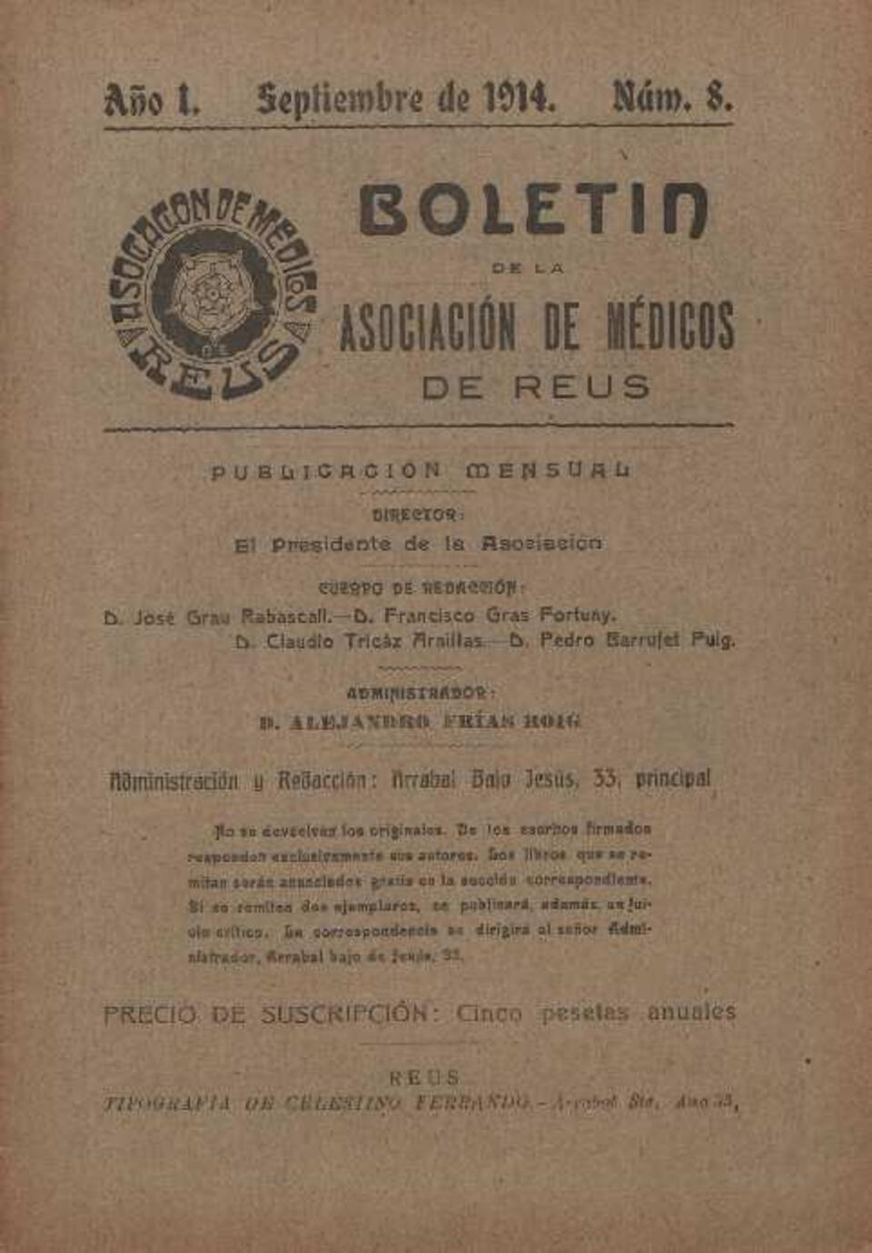 Bolet&iacute;n de la Asociaci&oacute;n de M&eacute;dicos de Reus, 1/9/1914 [Ejemplar]