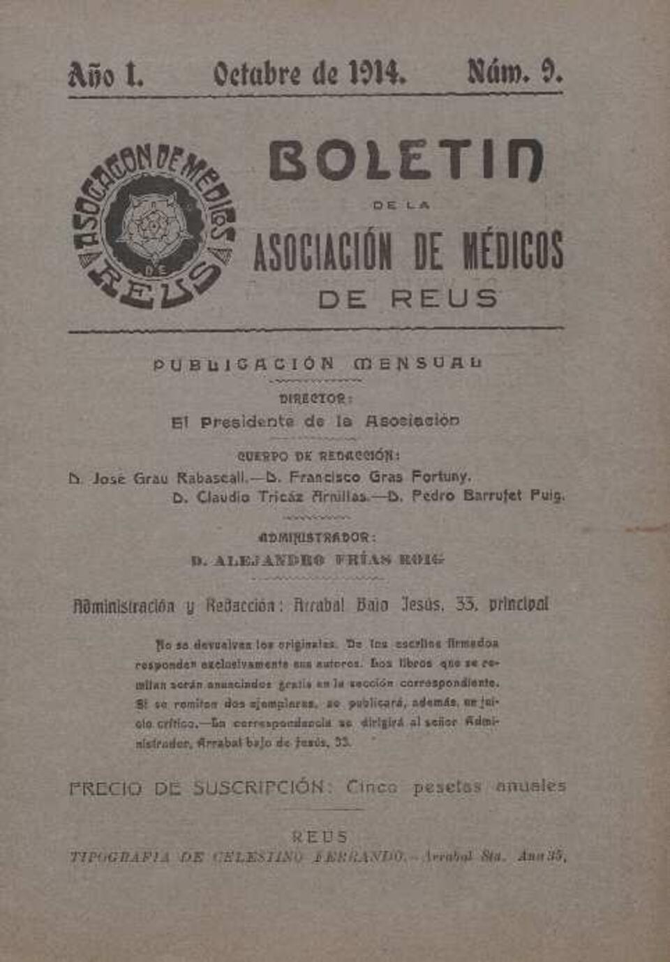 Bolet&iacute;n de la Asociaci&oacute;n de M&eacute;dicos de Reus, 1/10/1914 [Ejemplar]