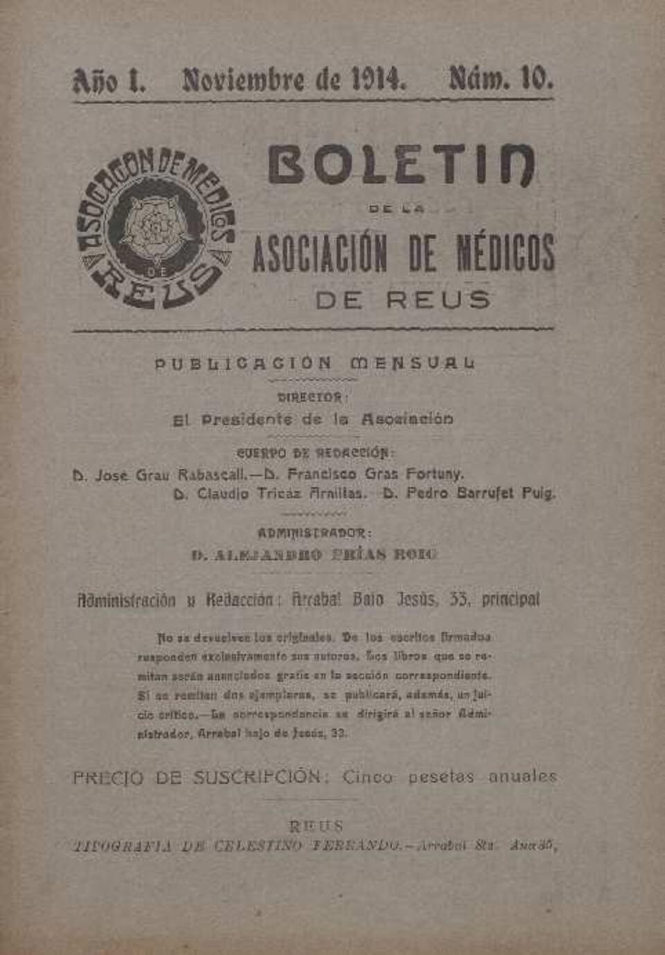 Bolet&iacute;n de la Asociaci&oacute;n de M&eacute;dicos de Reus, 1/11/1914 [Ejemplar]