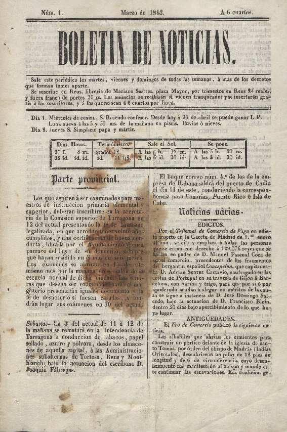 Boletín de Noticias, 1/3/1843 [Exemplar]