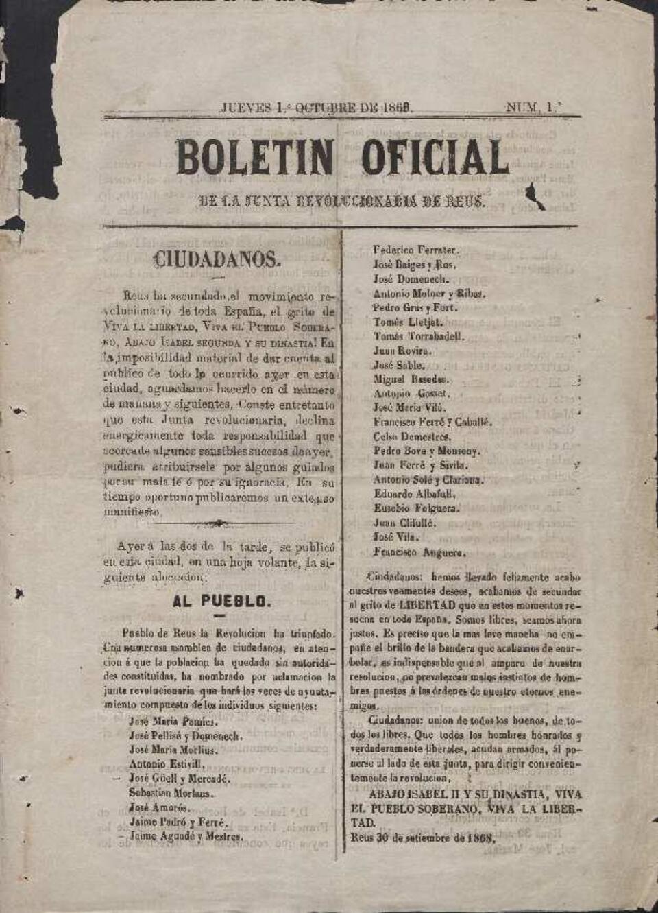 Boletín Oficial de la Junta Revolucionaria de Reus, 1/10/1868 [Exemplar]