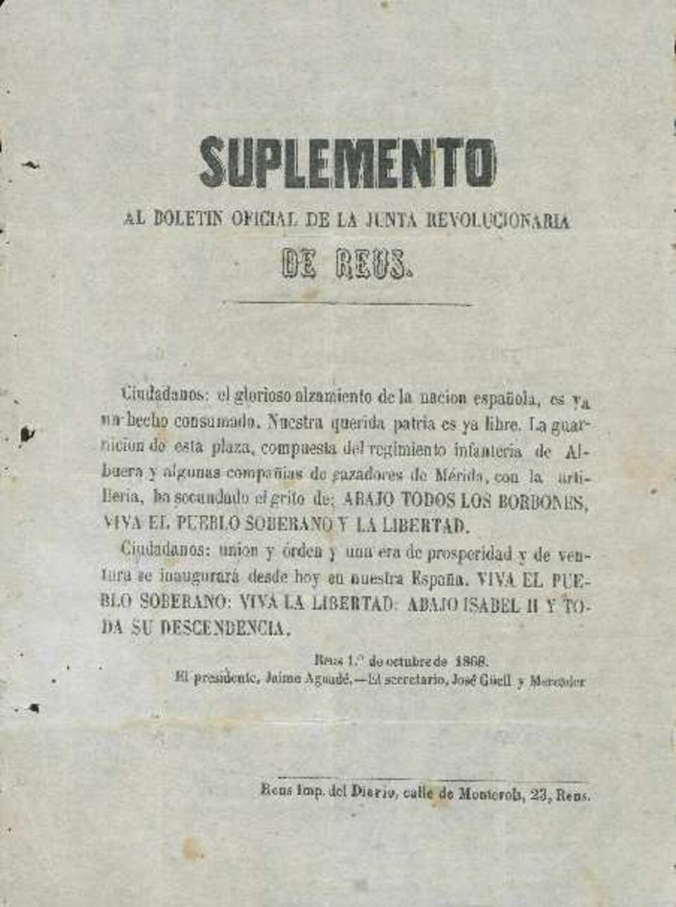 Boletín Oficial de la Junta Revolucionaria de Reus, 1/10/1868, SUPL [Exemplar]