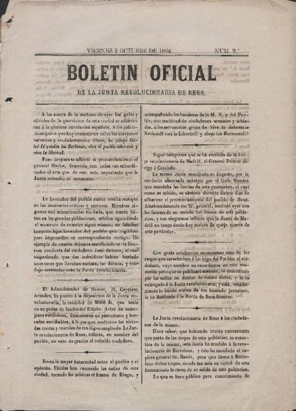 Boletín Oficial de la Junta Revolucionaria de Reus, 2/10/1868 [Exemplar]