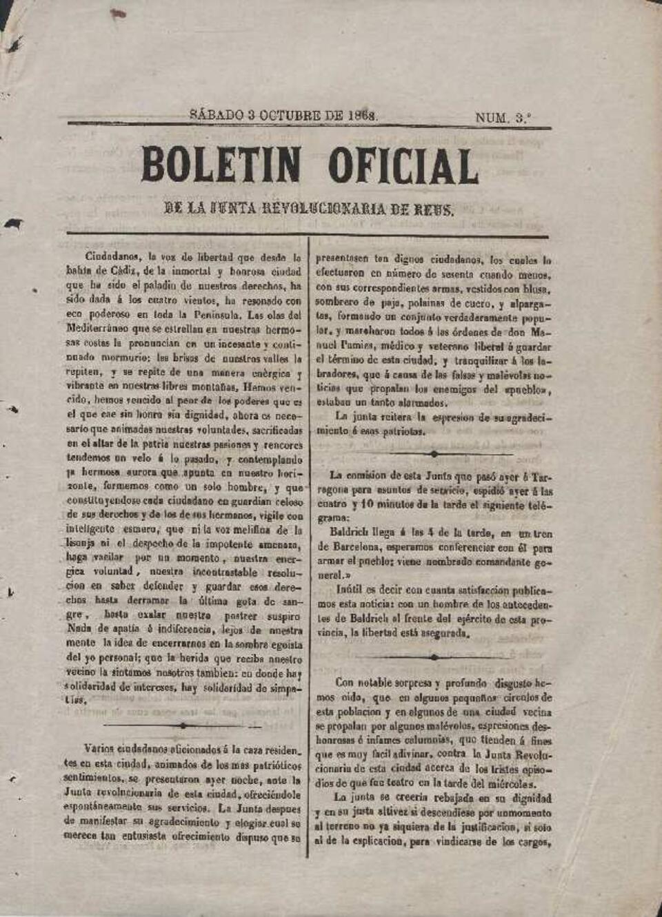 Boletín Oficial de la Junta Revolucionaria de Reus, 3/10/1868 [Exemplar]