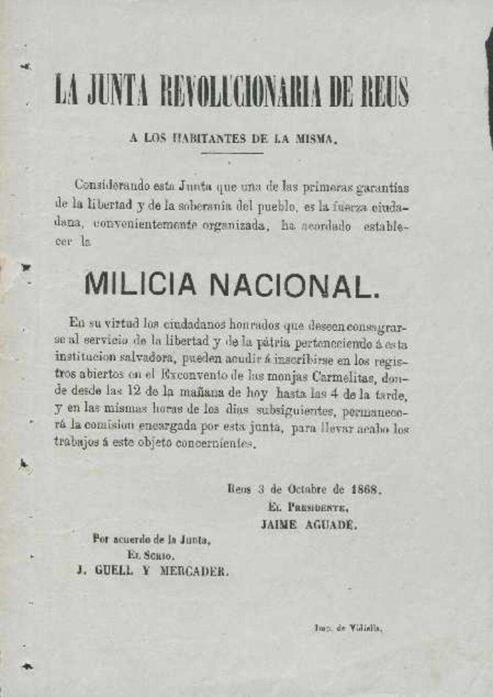 Boletín Oficial de la Junta Revolucionaria de Reus, 3/10/1868, SUPL [Exemplar]