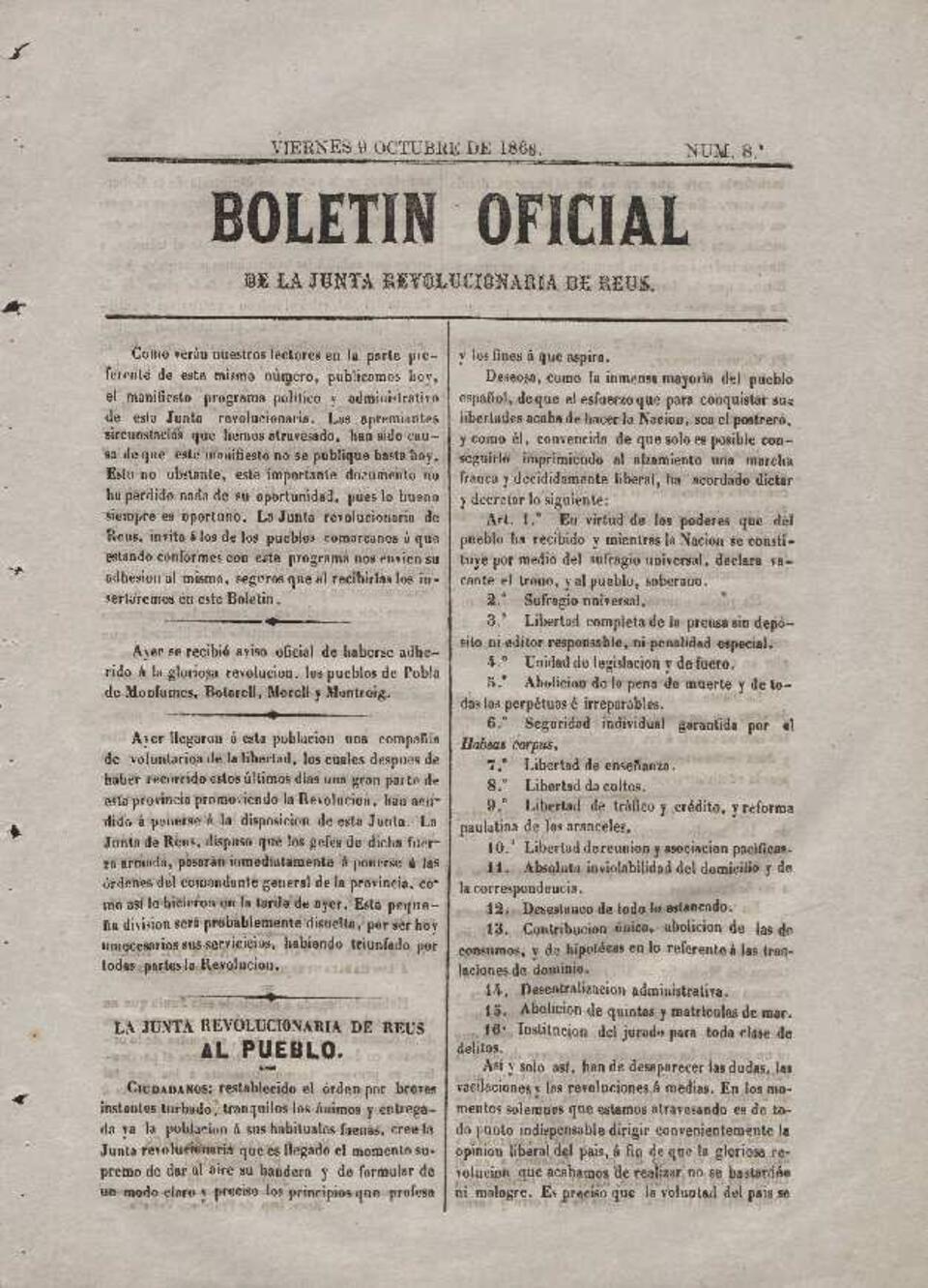 Boletín Oficial de la Junta Revolucionaria de Reus, 9/10/1868 [Exemplar]