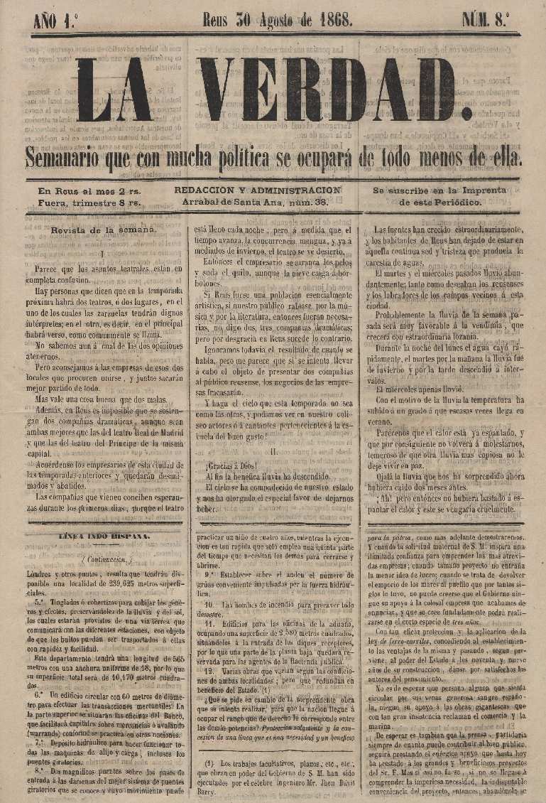 La Verdad, 30/8/1868 [Exemplar]