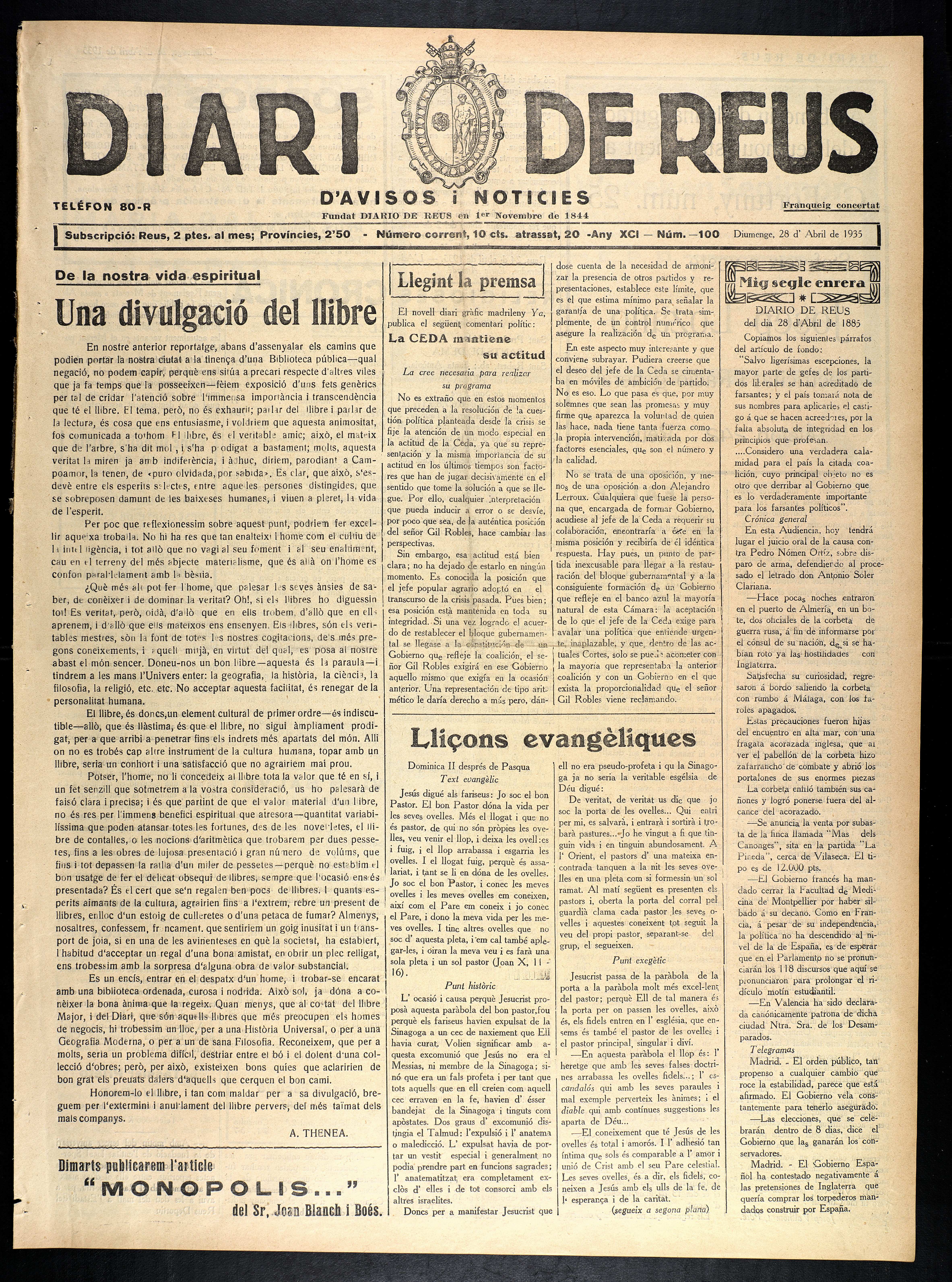 Diario de Reus, 28/4/1935 [Issue]