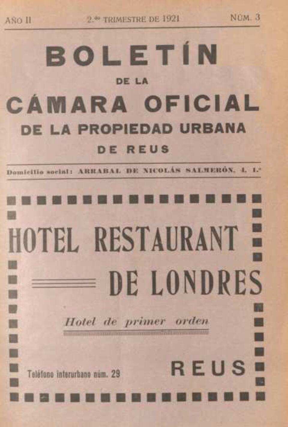 Boletín de la Cámara Oficial de la Propiedad Urbana de la Comarca de Reus, #3, 1/6/1921 [Issue]