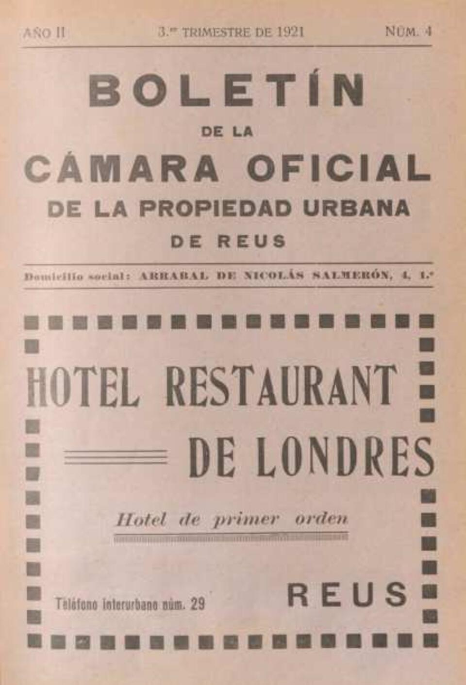 Boletín de la Cámara Oficial de la Propiedad Urbana de la Comarca de Reus, #4, 1/9/1921 [Issue]