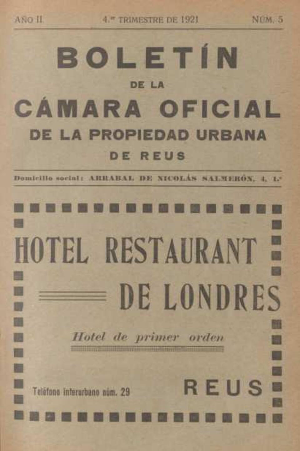 Boletín de la Cámara Oficial de la Propiedad Urbana de la Comarca de Reus, #5, 1/12/1921 [Issue]